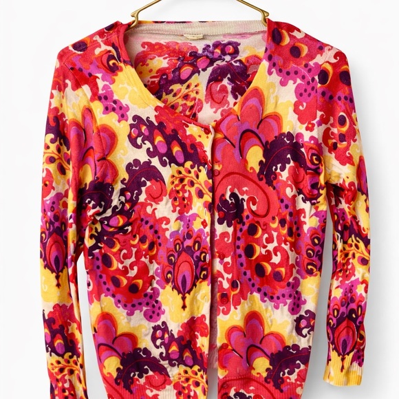 J.Crew Merino Wool Paisley Cardigan Sweater Women’s Large Retro Print - Picture 2 of 5